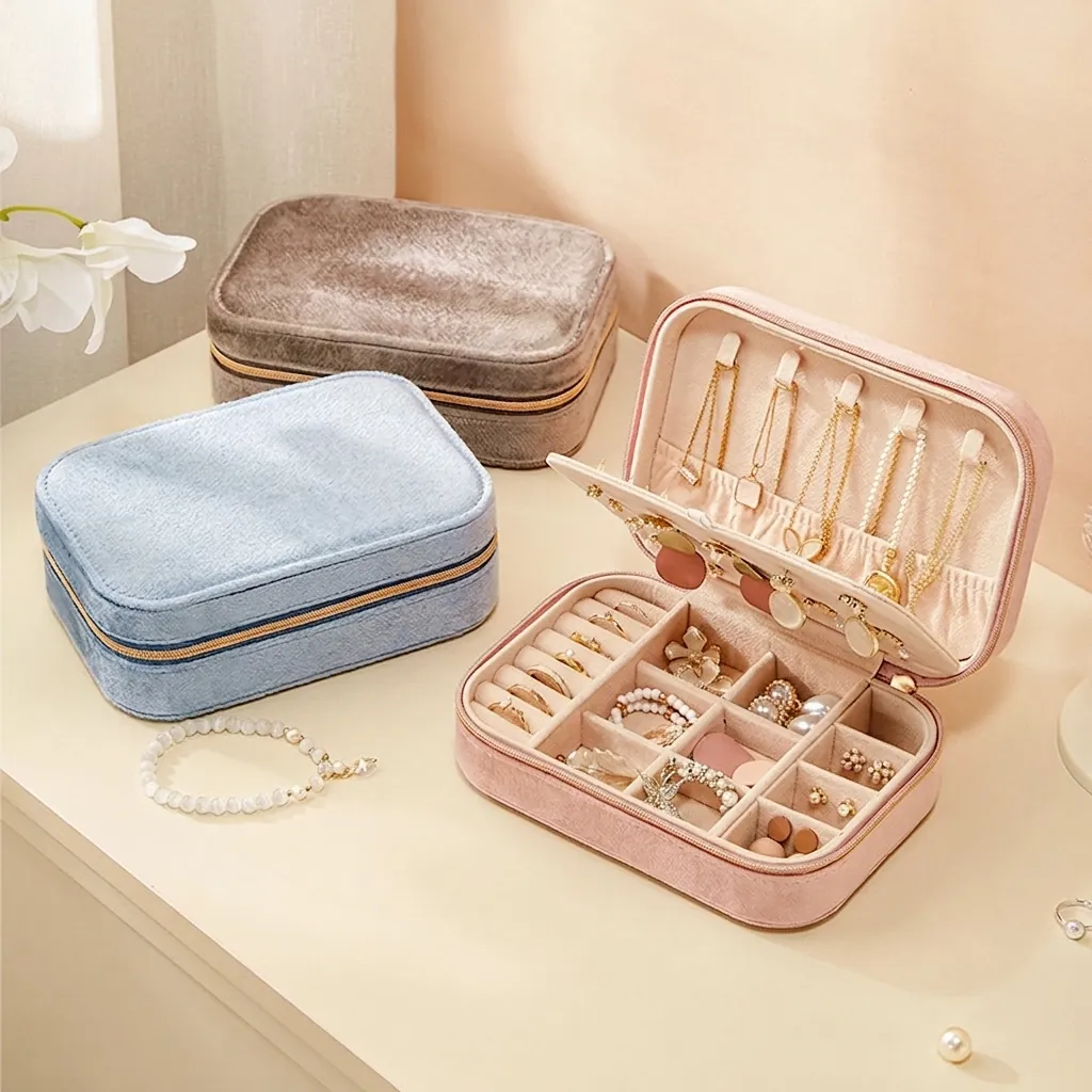 Portable Velvet Jewelry Box Travel Jewelry Case For Rings Earrings Necklaces Storage Organizer With Metal Zipper For Women
