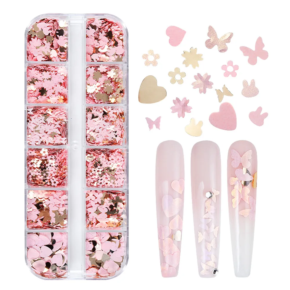 Pink Gold Nail Art Sequins Butterfly Heart Flower Bunny Shapes PET Glitter For Manicure DIY Decoration