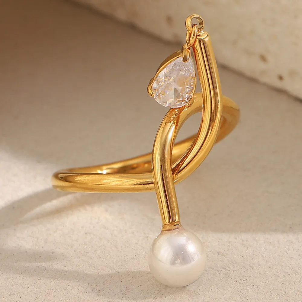Bague Ouverte En Acier Inoxydable Plaqué Or 18K Élégante Avec Zircon Goutte D'eau Et Imitation Künstliche Perle Design Noué Pour Femmes