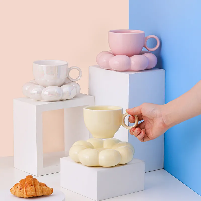 Ceramic Coffee Cup And Flower Saucer Macaron Nordic INS Style Iridescent Glaze For Afternoon Tea Home Office Gift