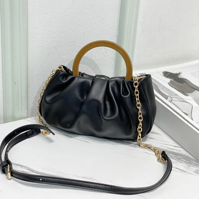Women Ruched Cloud Bag PU Leather Handbag With Round Wooden Handle And Metal Chain Strap Fashion Shoulder Crossbody Bag