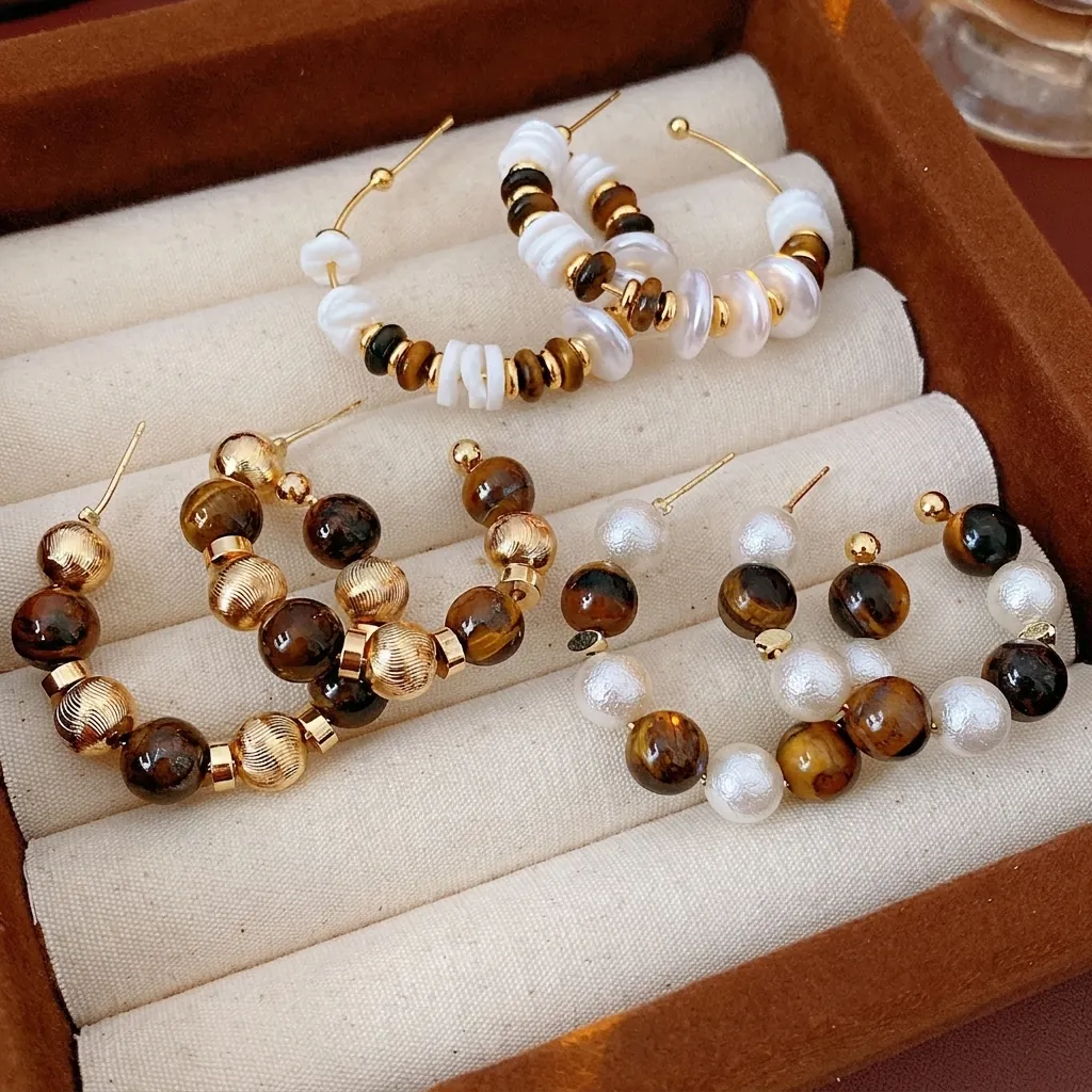 Pendientes De Aro En Forma De C Retro Con Piedra Ojo De Tigre Concha Y Perlas Artificiales Joyería Bohemia Para Mujeres
