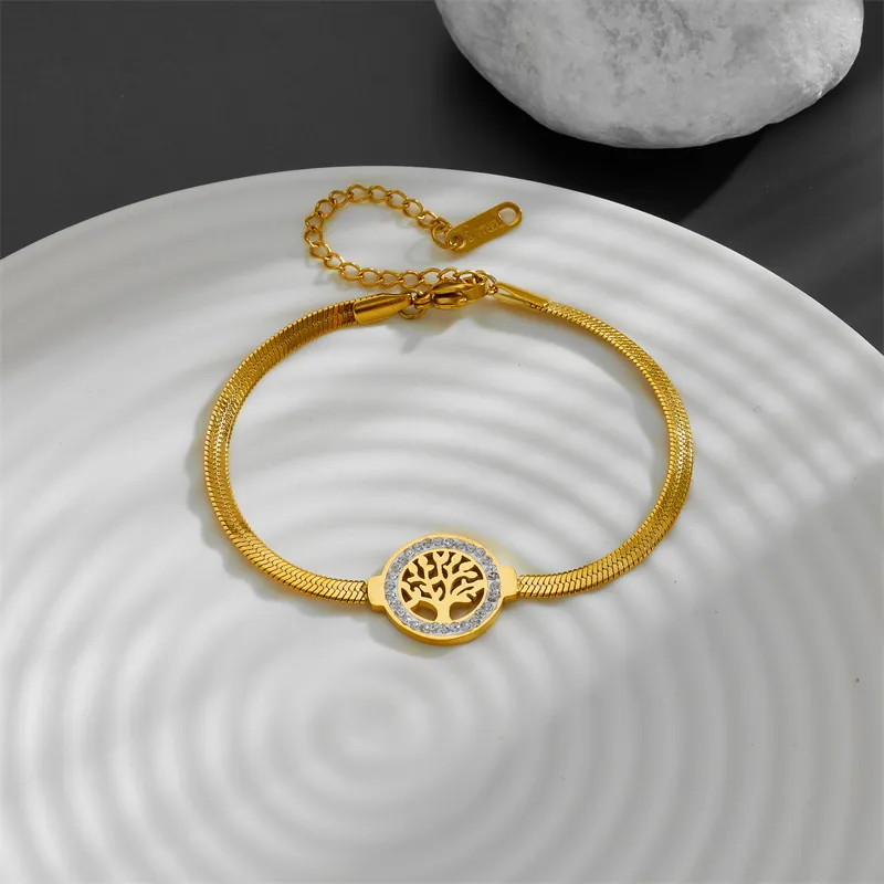 Fashion Tree Of Life Stainless Steel Bracelet For Women Gold Rhinestone Titanium Steel Snake Chain Adjustable Bracelet