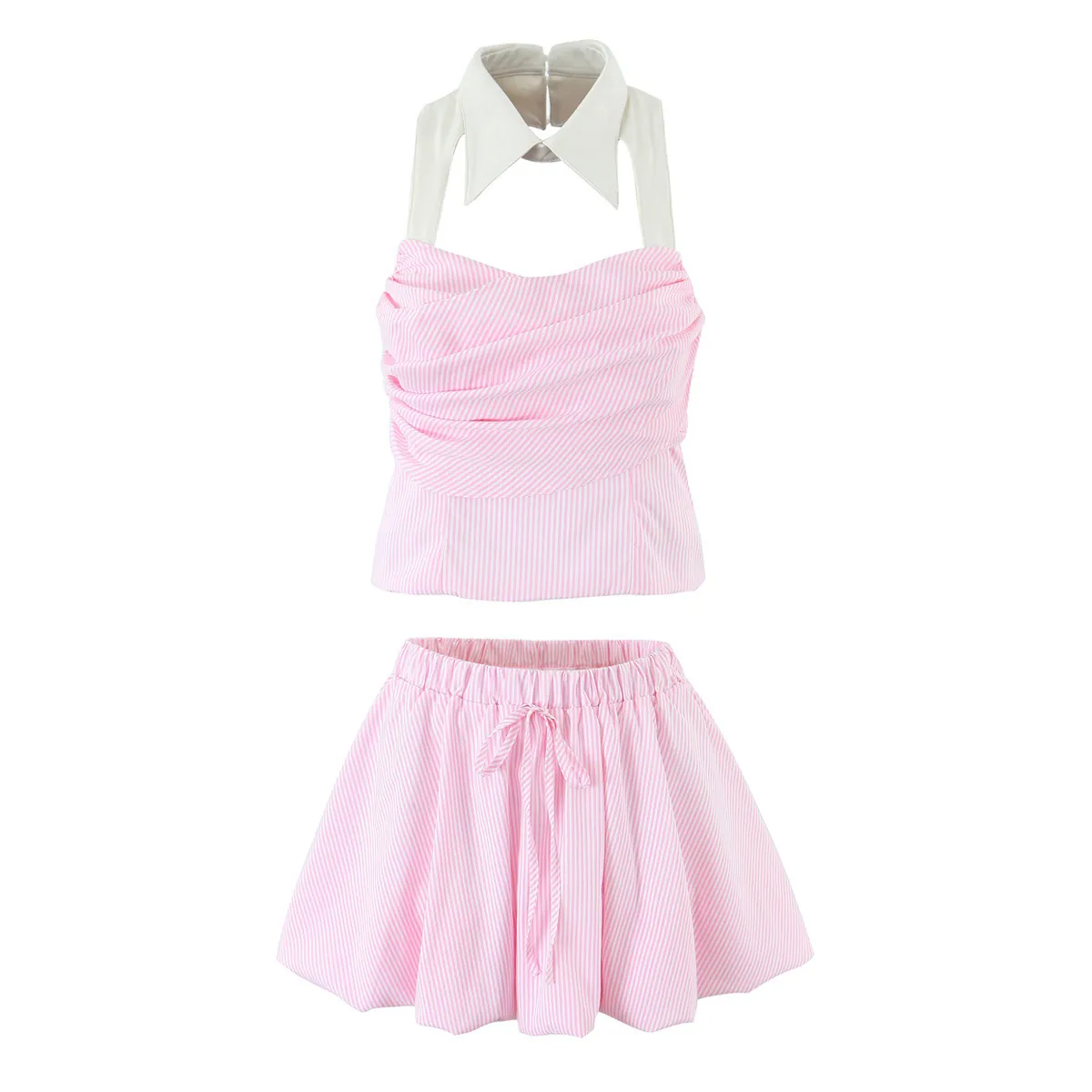Damen Rosa Weiß Gestreift Neckholder Top Und Plissee Minirock Casual Sommer Ärmellos Gerafft Top Und Rock Outfit Set