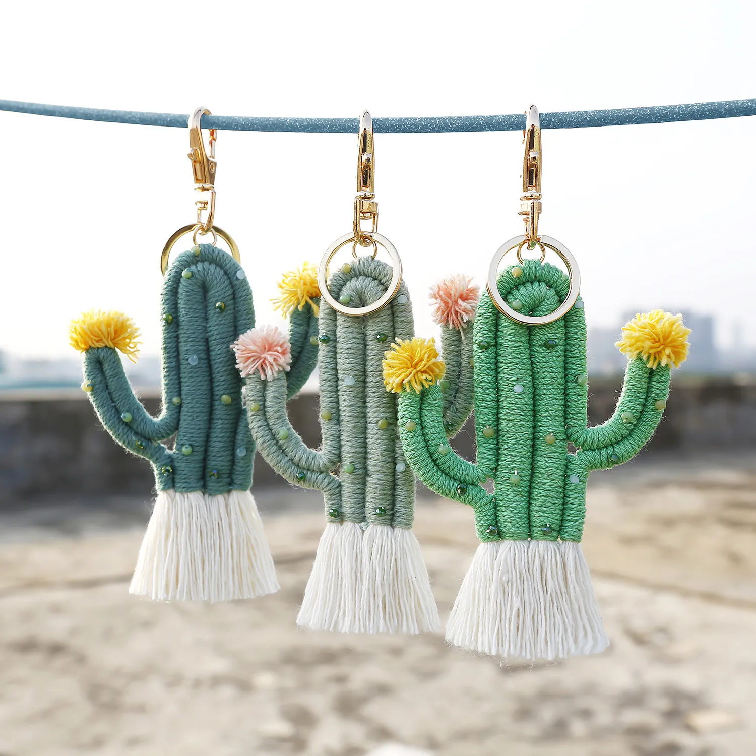 Handmade Woven Cactus Keychain Bag Charm Cotton Rope Tassel Bohemian Style Green Plant Ornament For Women Girls Gift