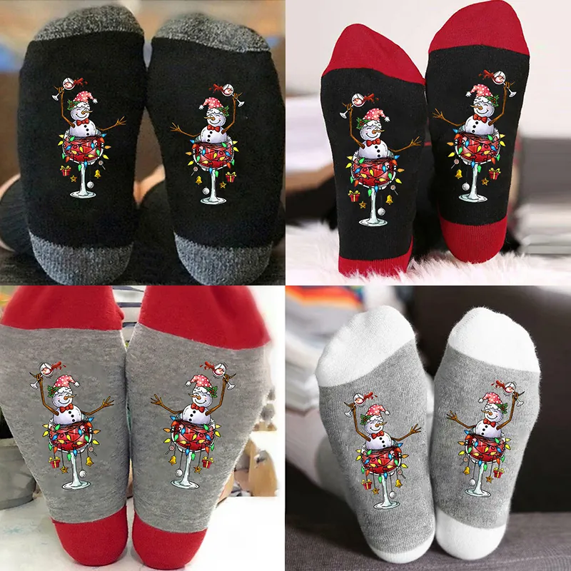 Christmas Mid-Calf Socks Cotton Cartoon Snowman Wine Glass Pattern Festive Breathable Casual Hosiery