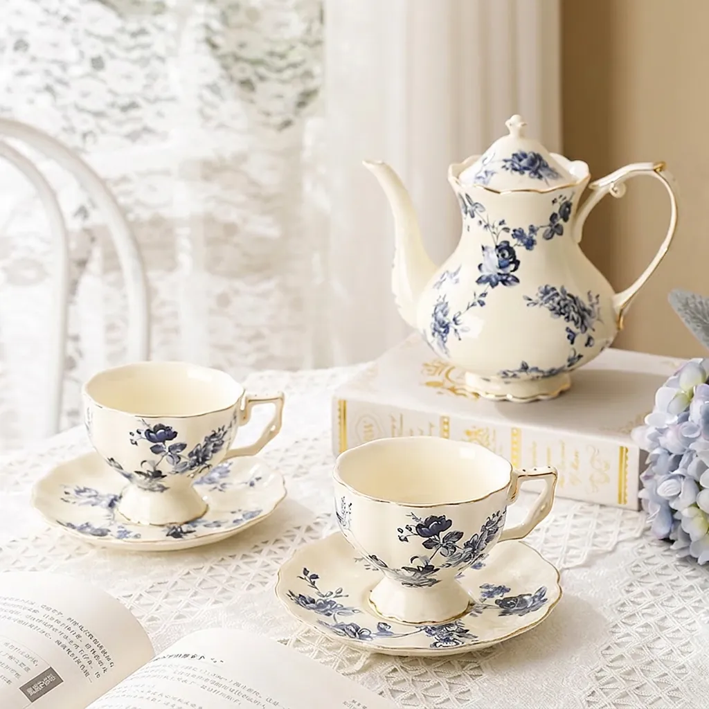 Tasse À Café Soucoupe Et Théière En Céramique Rétro Française Bordure Dorée Motif Floral Rose Porcelaine Vaisselle