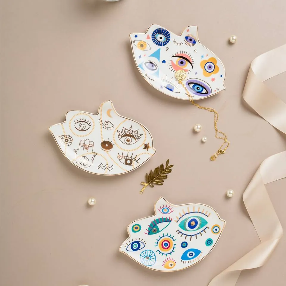 Vassoio Per Gioielli In Ceramica Mano Di Hamsa Malocchio Piatto Decorativo Bordo Dorato Porta Anelli Per Comò Ingresso