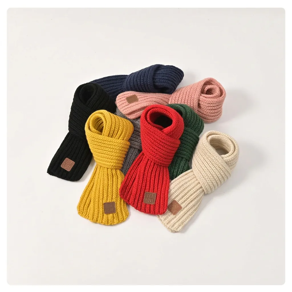 Kids Ribbed Knit Scarf Soft Warm Winter Neck Warmer For Boys Girls Toddler Solid Color Scarves With Leather Patch Decoration
