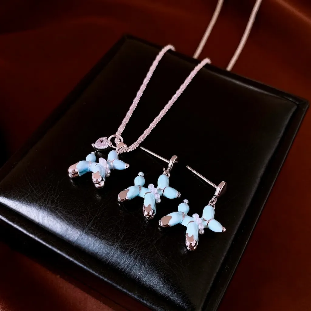 Collier Et Boucles D Oreilles Chien Ballon Coeur Zircon Cuivre Émail Avec Tige En Argent Bijoux Mode Femmes