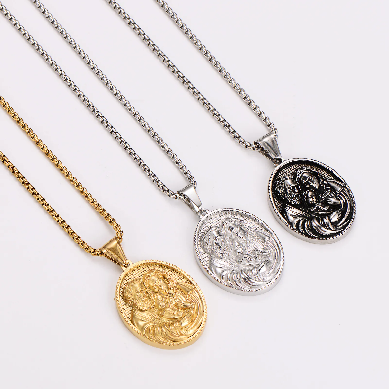 Holy Family Relief Pendant Necklace Vintage Oval Saint Mary Joseph Metal Religious Christian Jewelry For Men Women