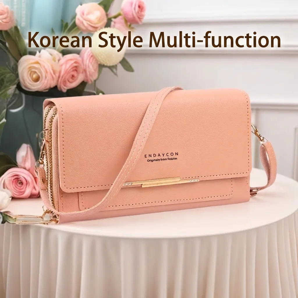 Women Crossbody Phone Bag Wallet Litchi Texture PU Leather Double Zipper Multi Card Slots Adjustable Strap Elegant