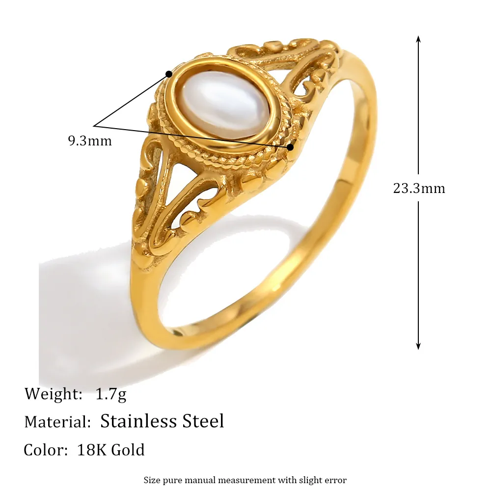 Anillo Vintage In Acciaio Inossidabile Placcato Oro Design Fiore Traforato Perla Artificiale Gioielli Retro Per Donne