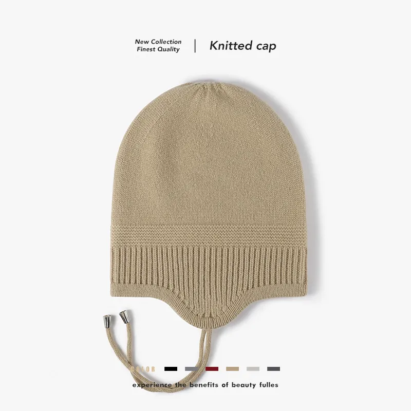Women's Winter Wool Knitted Beanie Hat Warm Ear Protection Solid Color Earflap Skull Cap Thick Fashion Knit Hat For Women