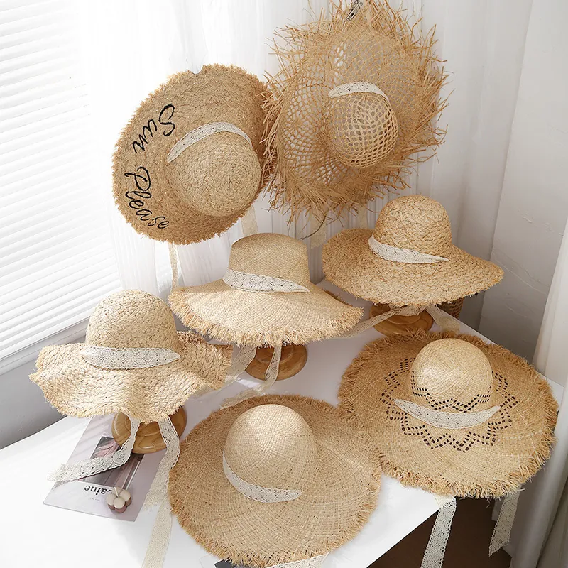French Style Raffia Straw Bucket Hat With Lace Ribbon Wide Brim Sun Protection Beach Vacation For Women