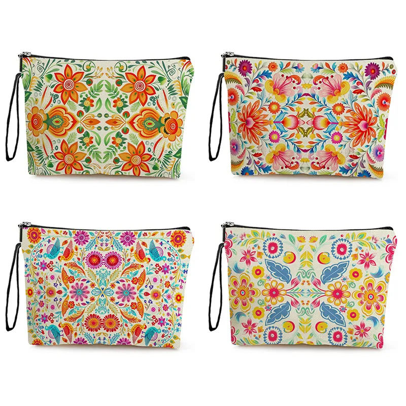 Trousse De Maquillage Fleurie Mexicaine En Lin Fin Avec Fermeture Éclair Et Dragonne Pour Femmes Ethnique Bohème Voyage