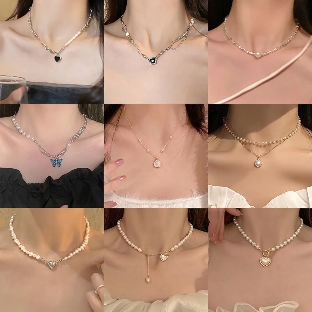 Artificial Baroque Pearl Pendant Necklace Stainless Steel Heart Zircon Double Layer Sweater Chain Jewelry For Women