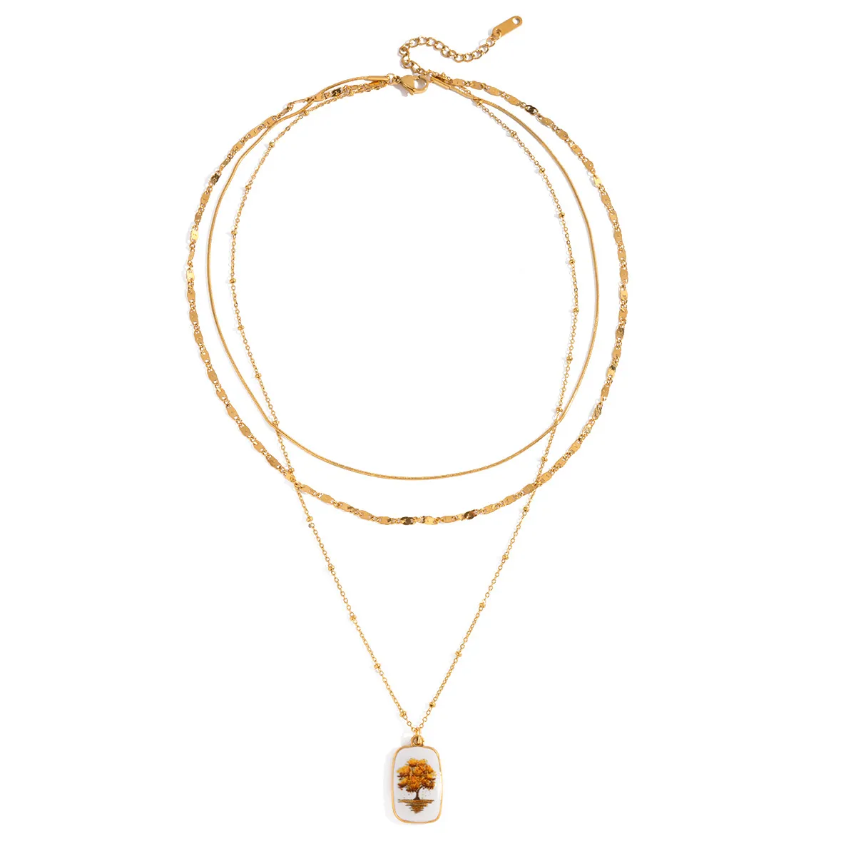 Collier Multi-Rangs Plaqué Or 18K Acier Inoxydable Pendentif Arbre De Vie Rectangulaire Imperméable Pour Femmes