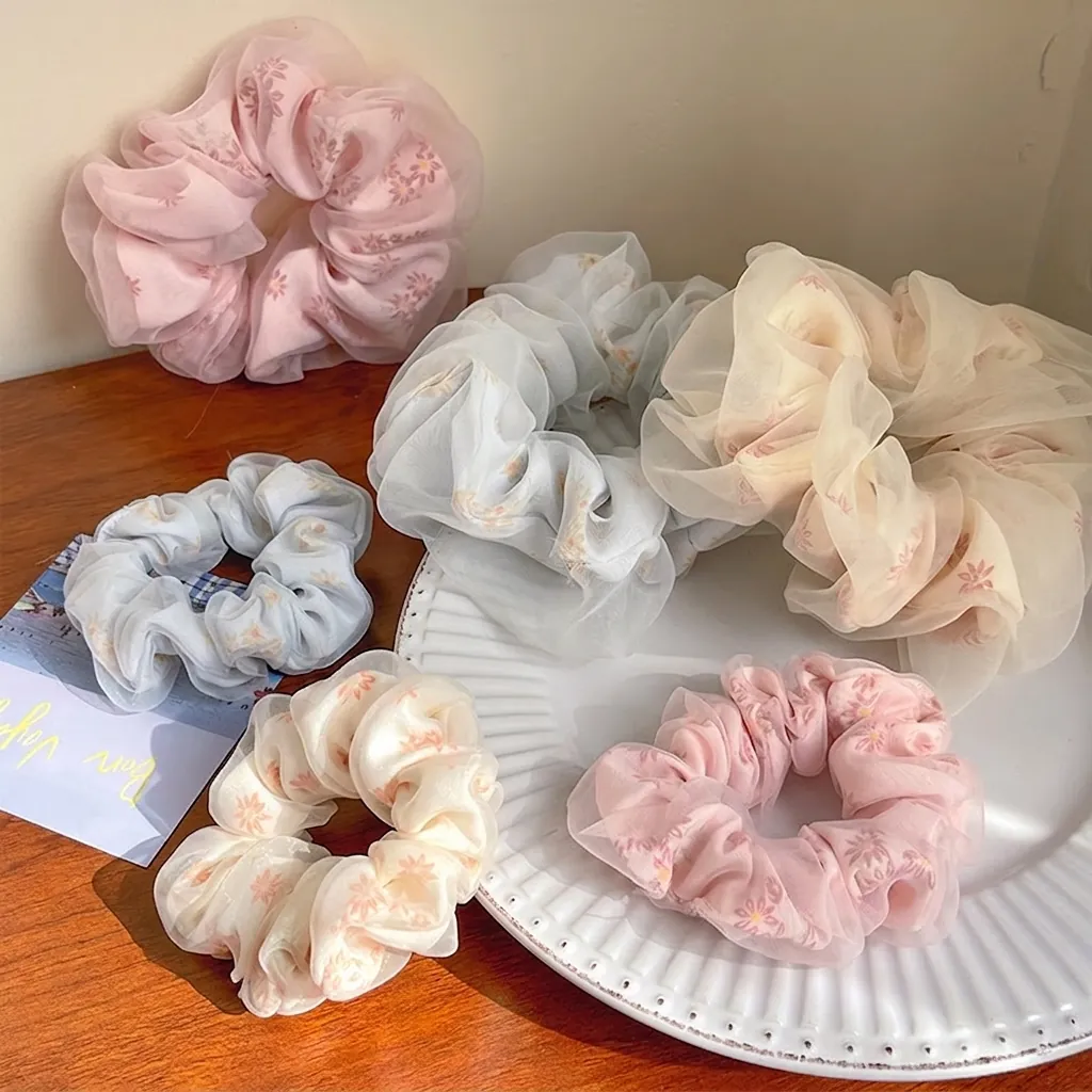 Scrunchies In Organza Floreale Eleganti Elastici Per Capelli In Mesh Piccola Stampa Margherite Fasce Elastiche Per Donne E Ragazze