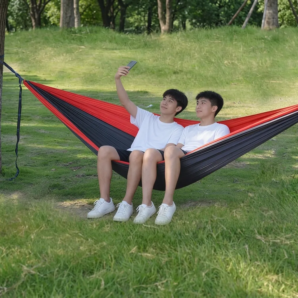 Portable Camping Hammock Nylon Parachute Fabric Color Block Lightweight Heavy Duty For Outdoor Backpacking Hiking Travel