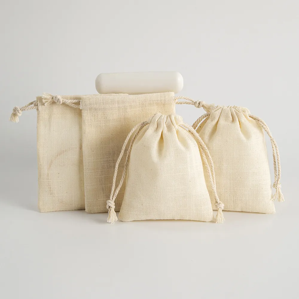 Natural Cotton Linen Jewelry Pouch Drawstring Bag Small Storage Gift Packaging Plain Beige Simple Fabric Organizer