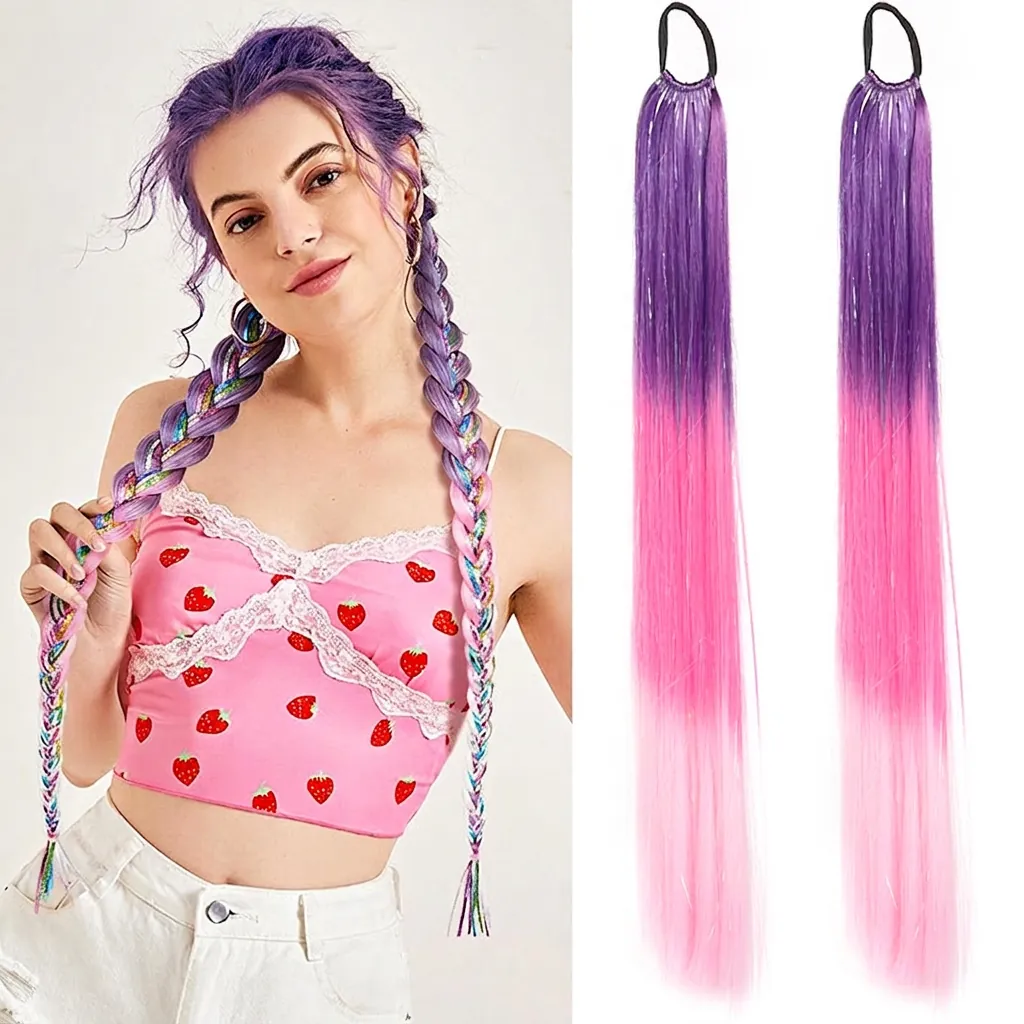 Ponytail Hair Extension Gradient Color Synthetic High Temperature Fiber Laser Satin Braiding Hair For Women And Girls