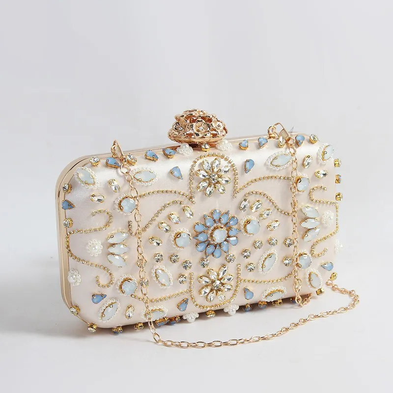 Evening Clutch Bag Rhinestone Artificial Pearl Beaded Floral Satin Hard Shell Handbag With Detachable Chain For Wedding Party Gala