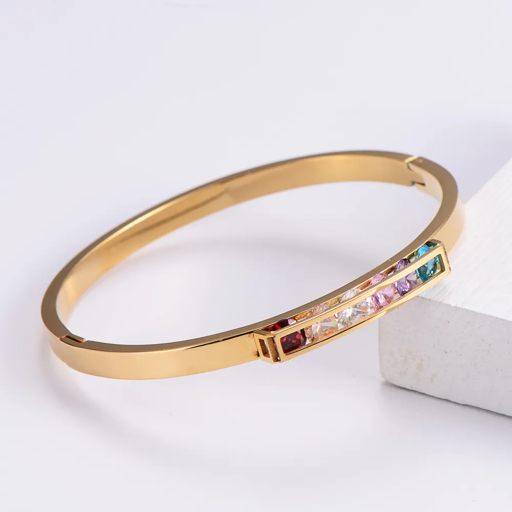 Stainless Steel Bangle With Colorful Cubic Zirconia Stones Luxury Minimalist Korean Style Jewelry For Women