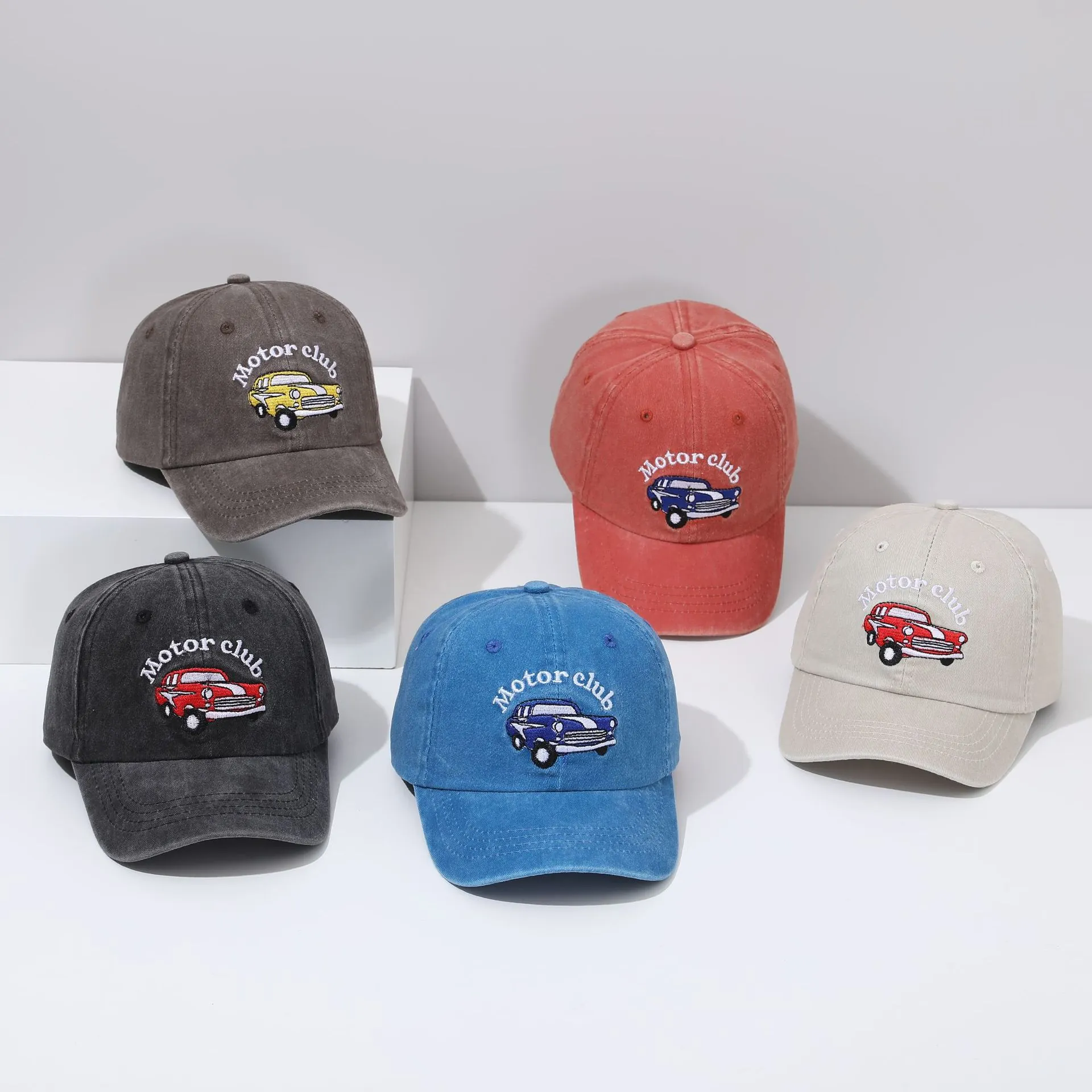 Kids Baseball Cap Washed Cotton Corduroy Vintage Car Embroidery Motor Club Sun Hat For Boys Girls Toddler Adjustable