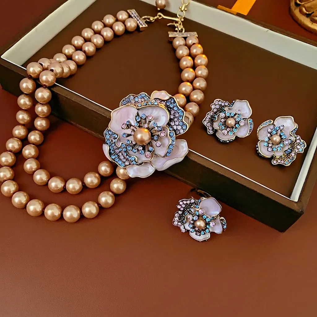 Vintage Flower Jewelry Alloy Enamel Rhinestone Faux Artificial Pearl Necklace Earrings With Silver Earring Post Ring For Women Retro