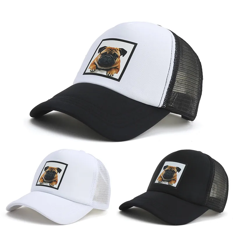 Pug Print Trucker Hat Polyester Mesh Breathable Outdoor Sun Protection Adjustable Snapback Baseball Cap For Men Women