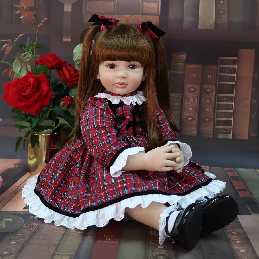 Realistic Reborn Toddler Doll Lifelike Simulation Baby Girl Brown Hair Plaid Dress Soft Silicone Cloth Body Kids Gift