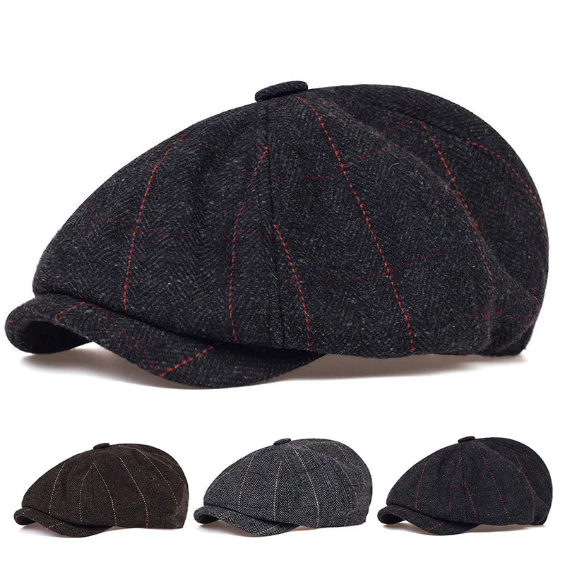 Vintage Newsboy Cap Herringbone Windowpane Check Acrylic Autumn Winter Hat Retro British Style Flat Cap For Unisex