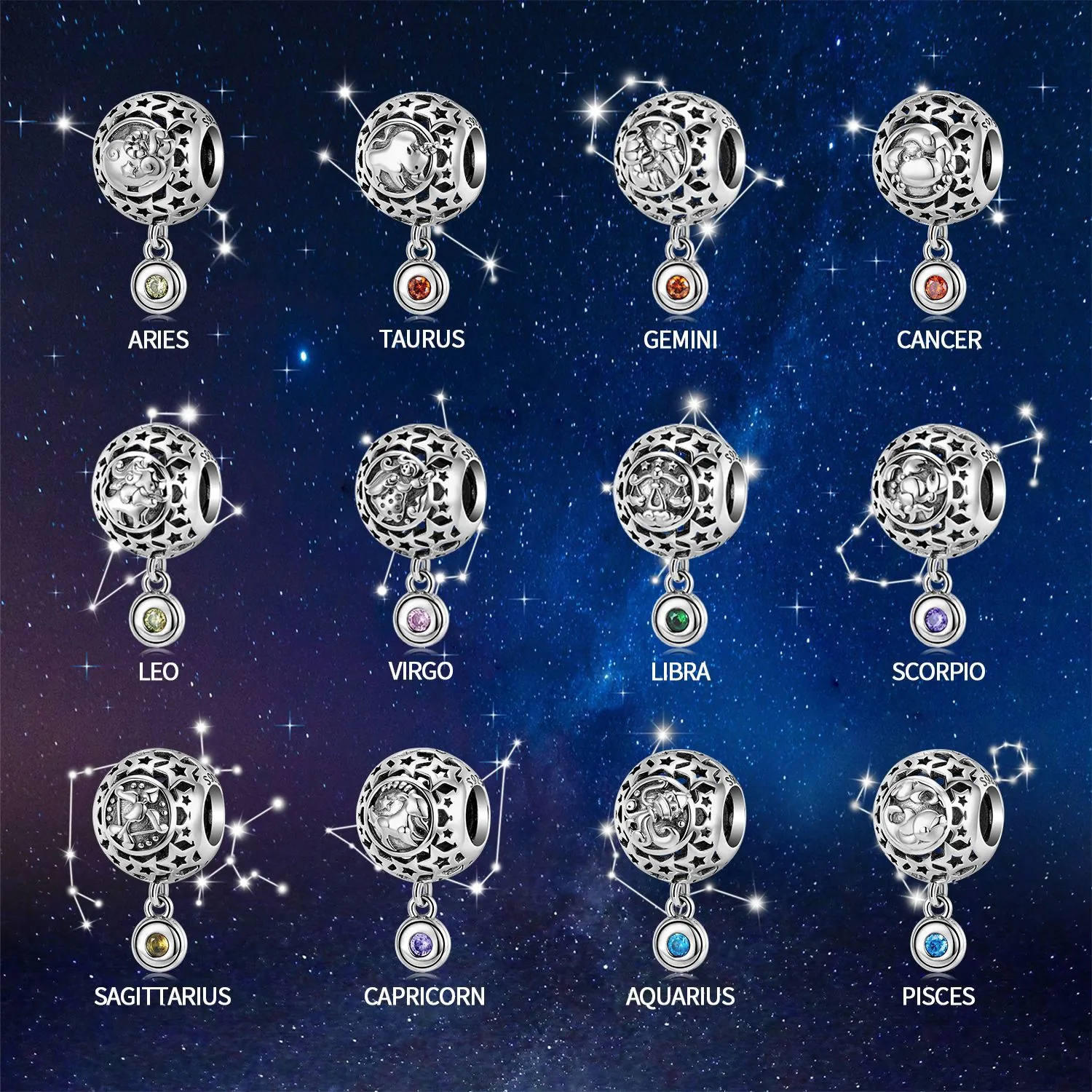 925 Sterling Silver Twelve Constellations Charms Beads Hollow Star Zodiac Zirconia Pendants For DIY Bracelet Necklace