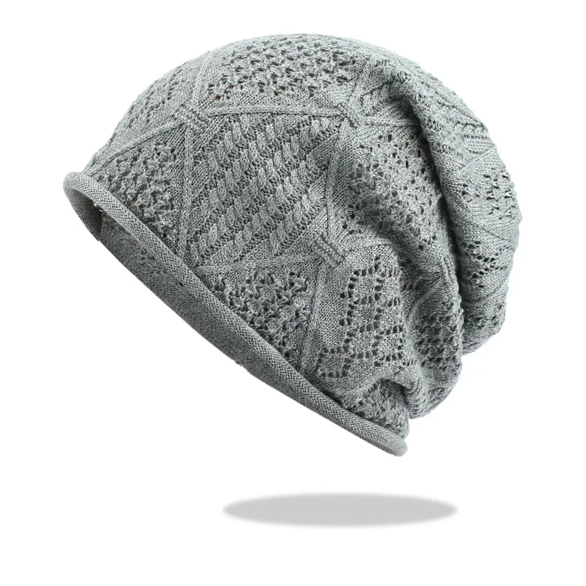 Slouchy Beanie Hat Acrylic Knitted Hollow Pointelle Diamond Pattern Breathable Lightweight Autumn Winter For Women