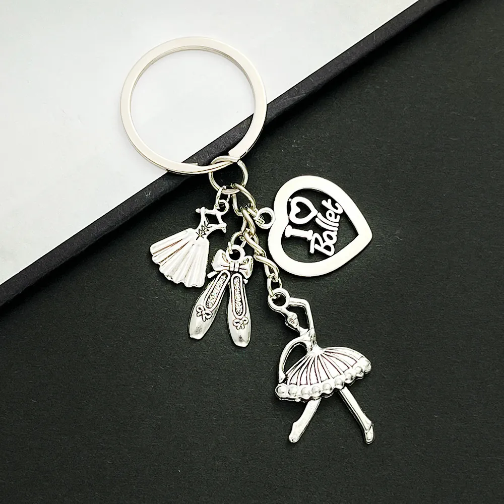 Ballerina Dancer Keychain Zinc Alloy Antique Silver Ballet Shoes Tutu Skirt Heart Charm I Love Ballet Pendant For Girls