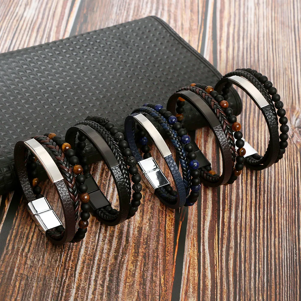 Men Multilayer Braided Leather Bracelet With Natural Stone Beads And Stainless Steel Magnetic Buckle Vintage Style