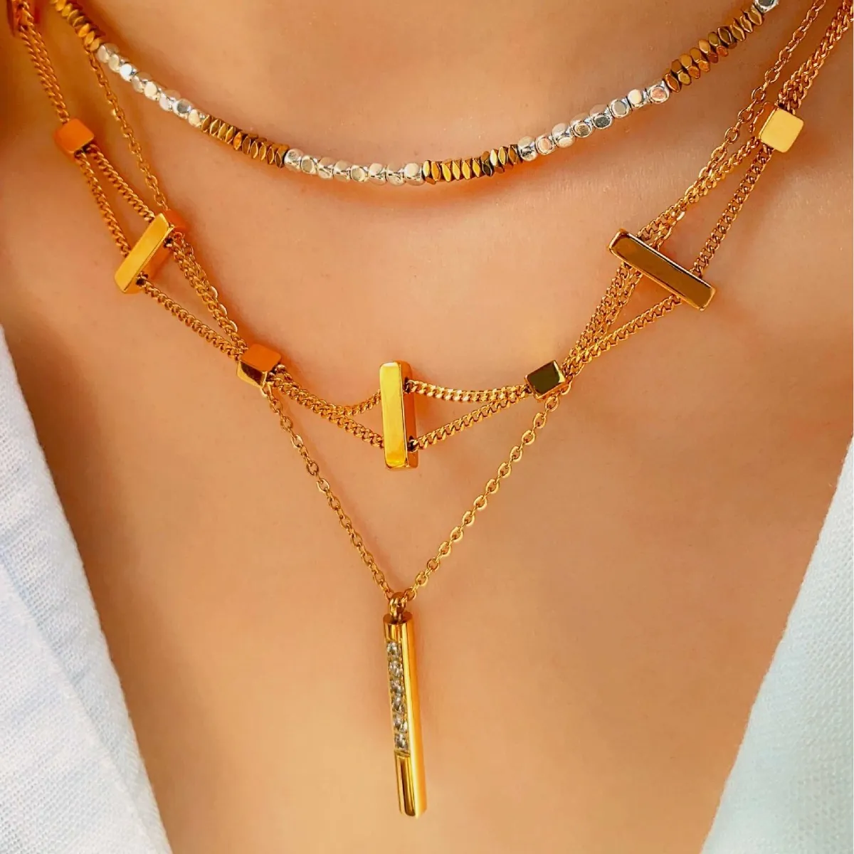 Minimalist Stainless Steel Necklace For Women Gold Silver Plated Rhinestone Bar Pendant Geometric Double Layer Beaded Necklaces Jewelry