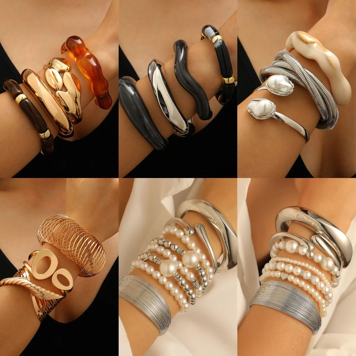 Women Fashion Alloy Faux Artificial Pearl Bracelets Bangles Western Exaggerated Layered Resin Heart Pendant Jewelry For Party Daily Accessory