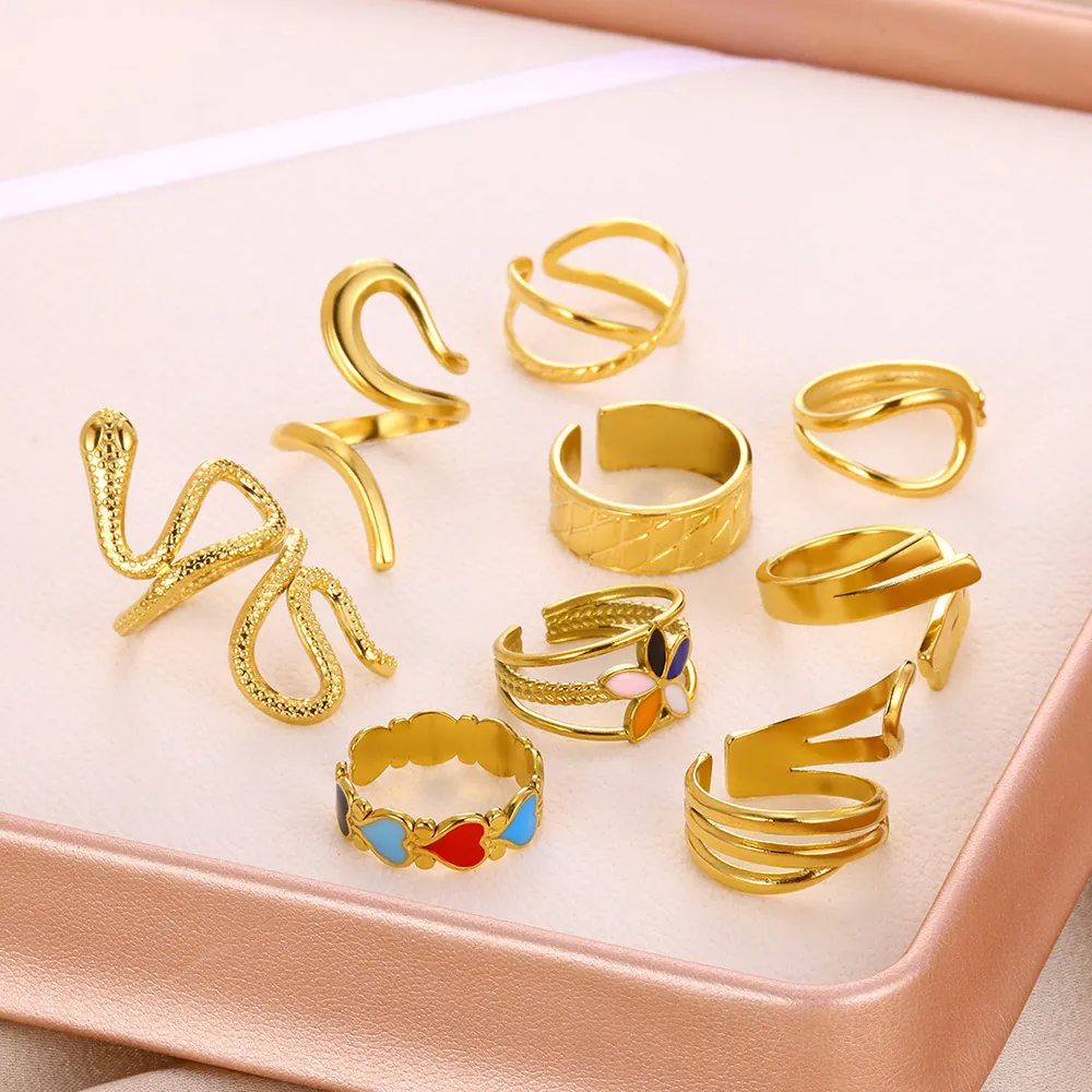 Anello Aperto Geometrico in Acciaio Inossidabile Placcato Oro 18K Minimalista per Uomo Donna Stile Ins Cuore Smaltato