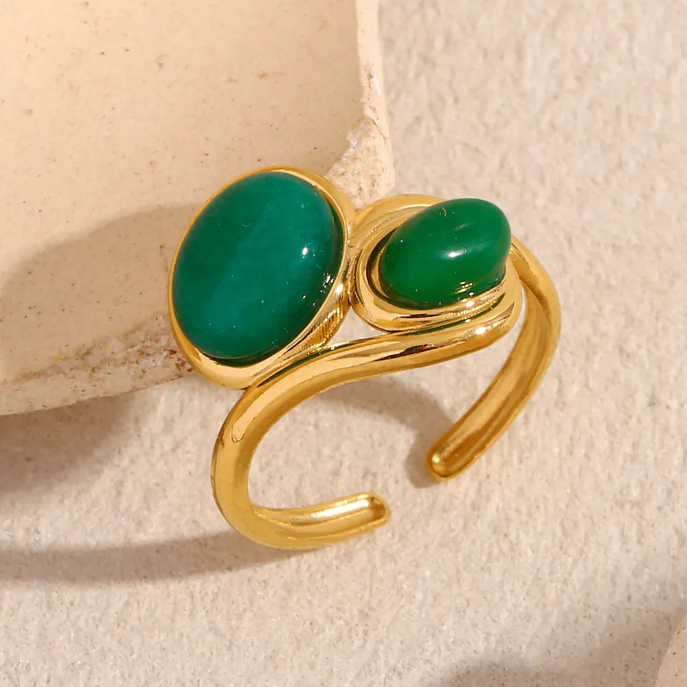 Double Green Gemstone Open Ring 18K Gold Plated Stainless Steel Vintage French Style Adjustable For Women