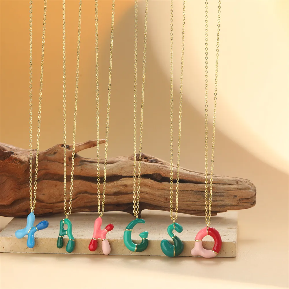 Copper Gold Plated Balloon Letter Pendant Necklace Colorful Initial Enamel Drip Oil Dainty Jewelry For Women Daily Party