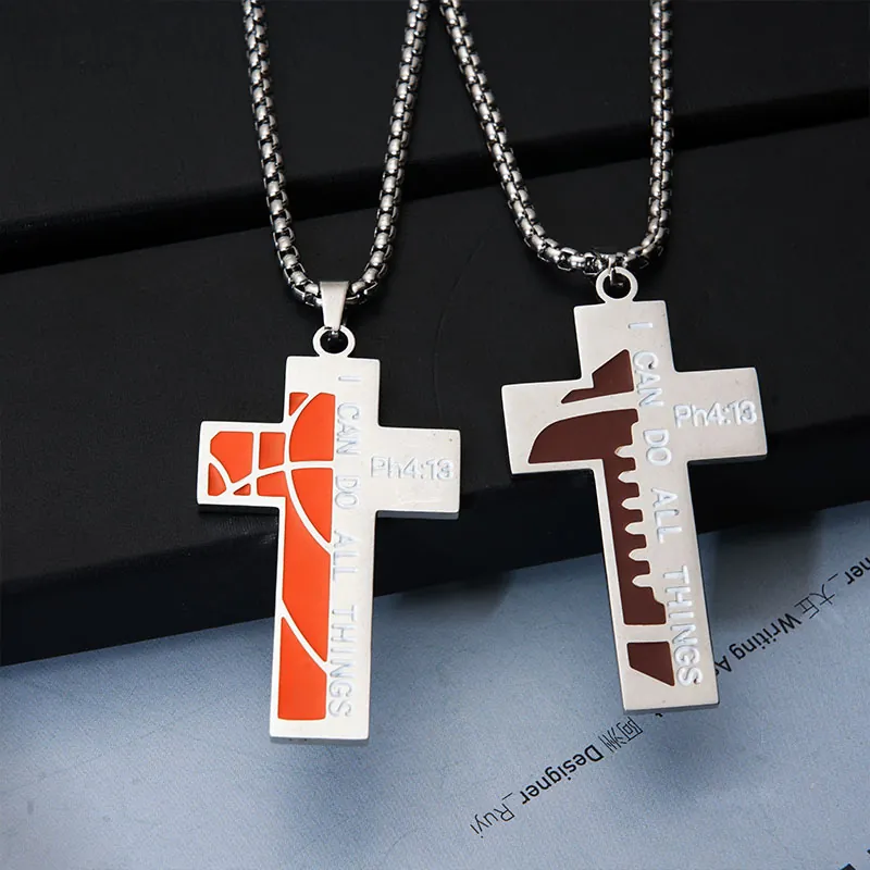 Cross Pendant Necklace Stainless Steel Engraved Bible Verse Basketball Sports Motivational Jewelry For Men