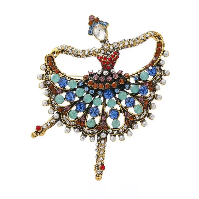 Vintage Ballet Girl Brooch Alloy Colorful Rhinestone Inlaid Elegant Dancer Pin With Imitation Artificial Pearl Accessories For Women