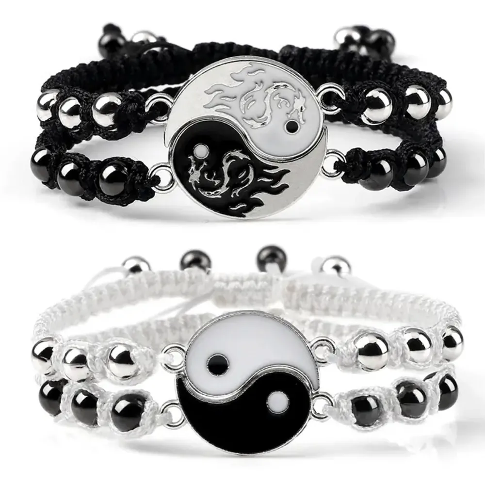 Yin Yang Tai Chi Dragon Totem Woven Bracelets Alloy Beads Adjustable Rope For Couples Friendship Charm Jewelry