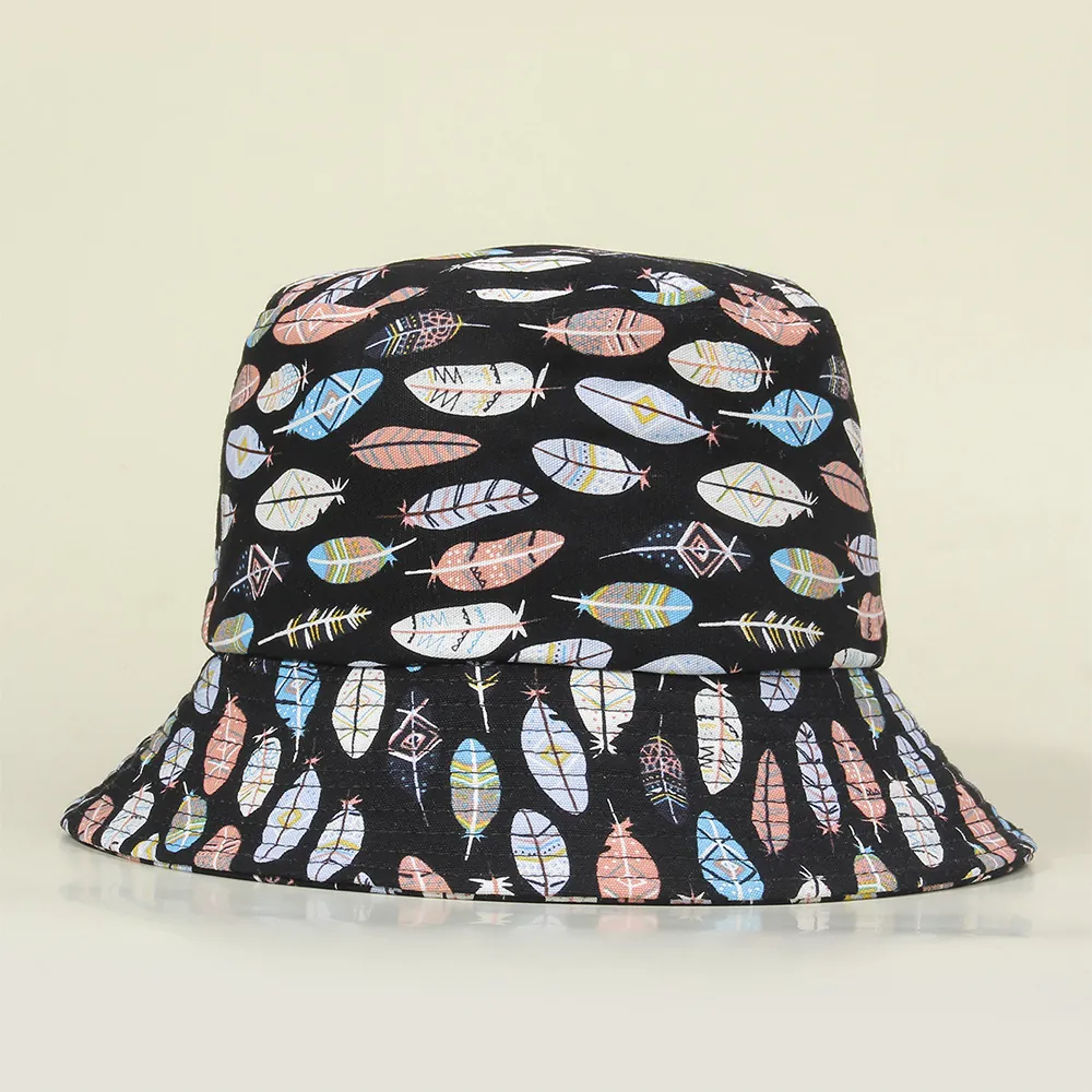 Chapeau Bob Enfant Imprimé Plumes Colorées Toile Coton Respirante Protection Solaire Voyage Garçons Filles