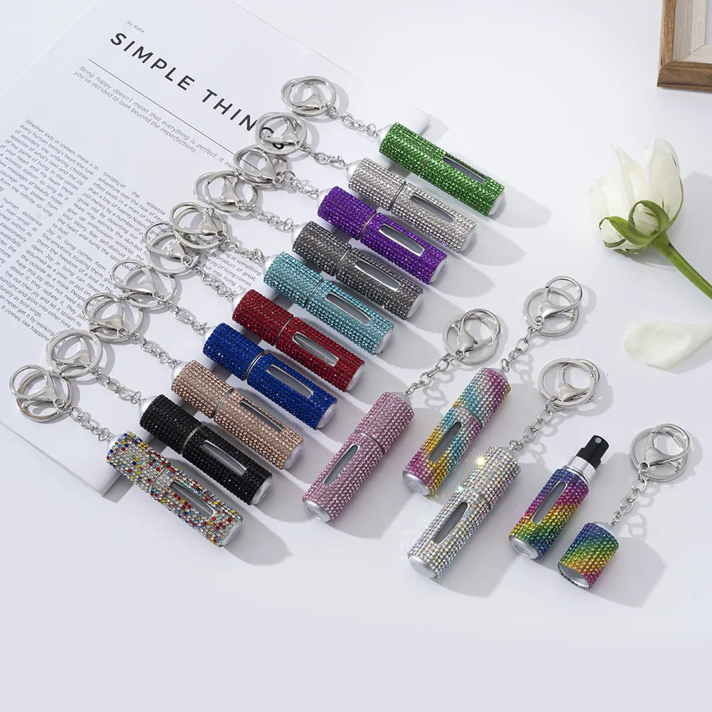Rhinestone Portable Perfume Atomizer Refillable Spray Bottle Keychain Metal Shiny Mini Travel Accessory For Women
