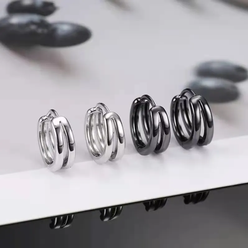 Herren Kupfer Doppel Reifen Huggie Ohrringe Geometrische Hohle Minimalistische Coole Punk Streetwear Schmuck Silber Schwarz