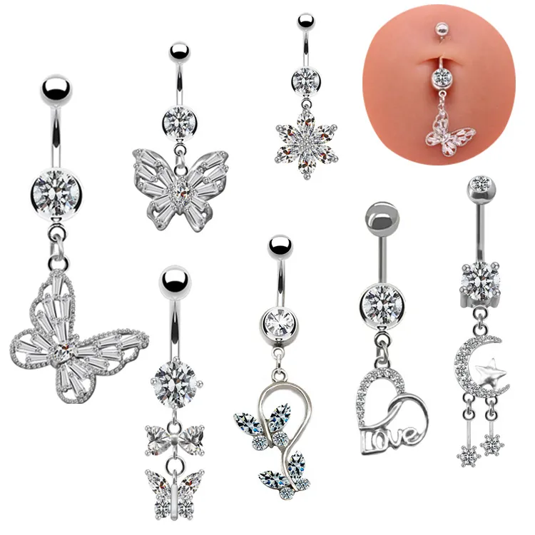 Mode Alliage Strass Papillon Cœur Lune Étoile Piercing de Nombril pour Femmes Couleur Argent Or Or Rose Bijoux de Piercing Corporel Cadeau