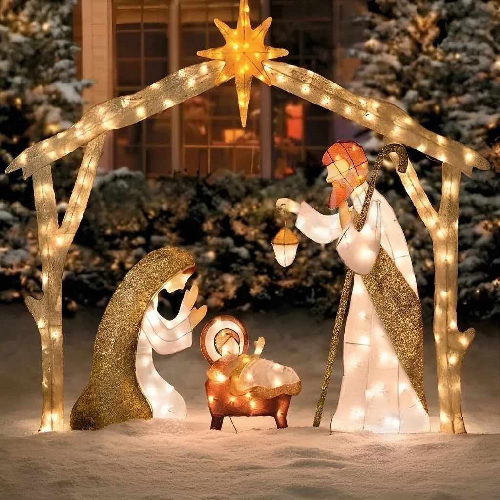 Christmas Nativity Scene Garden Stakes Metal LED Luminous Outdoor Lawn Decorations Holy Family Yard Signs For Xmas Decor